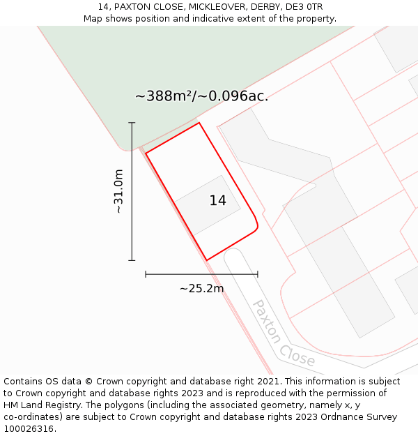 14, PAXTON CLOSE, MICKLEOVER, DERBY, DE3 0TR: Plot and title map