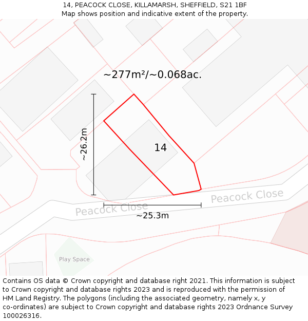 14, PEACOCK CLOSE, KILLAMARSH, SHEFFIELD, S21 1BF: Plot and title map