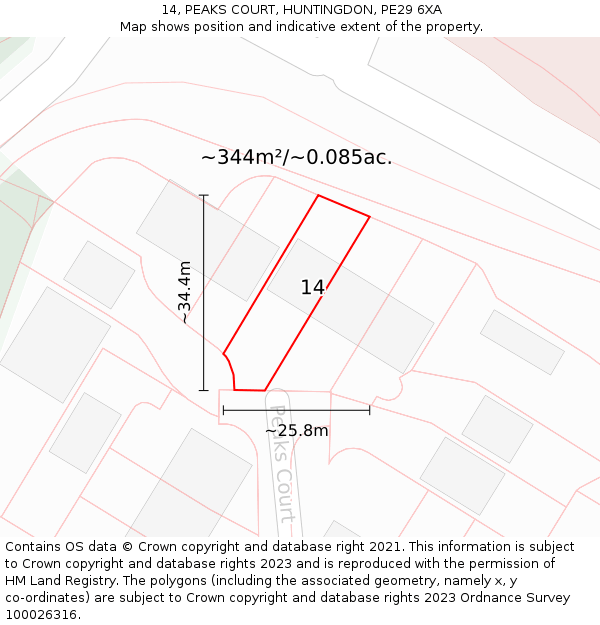 14, PEAKS COURT, HUNTINGDON, PE29 6XA: Plot and title map