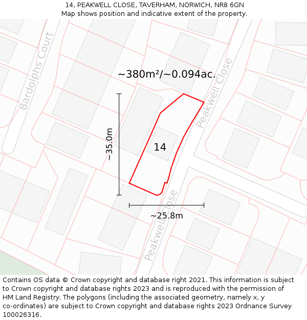 14, PEAKWELL CLOSE, TAVERHAM, NORWICH, NR8 6GN: Plot and title map