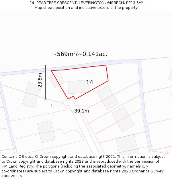 14, PEAR TREE CRESCENT, LEVERINGTON, WISBECH, PE13 5AY: Plot and title map
