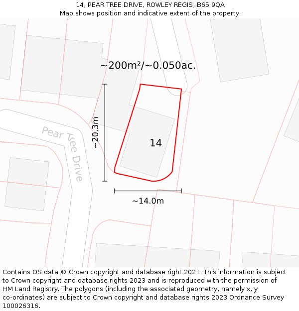 14, PEAR TREE DRIVE, ROWLEY REGIS, B65 9QA: Plot and title map