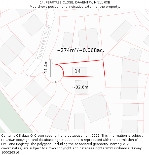 14, PEARTREE CLOSE, DAVENTRY, NN11 0XB: Plot and title map