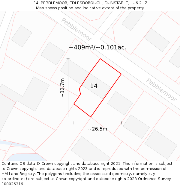 14, PEBBLEMOOR, EDLESBOROUGH, DUNSTABLE, LU6 2HZ: Plot and title map