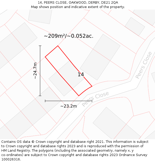 14, PEERS CLOSE, OAKWOOD, DERBY, DE21 2QA: Plot and title map