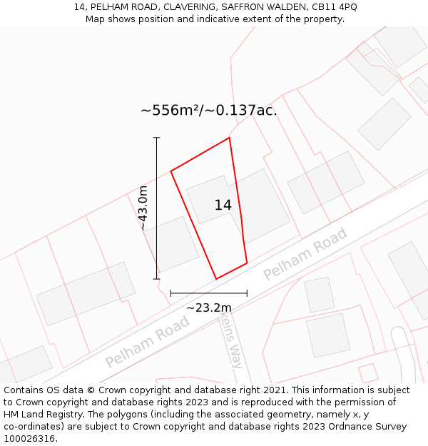14, PELHAM ROAD, CLAVERING, SAFFRON WALDEN, CB11 4PQ: Plot and title map