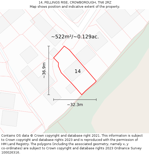 14, PELLINGS RISE, CROWBOROUGH, TN6 2RZ: Plot and title map