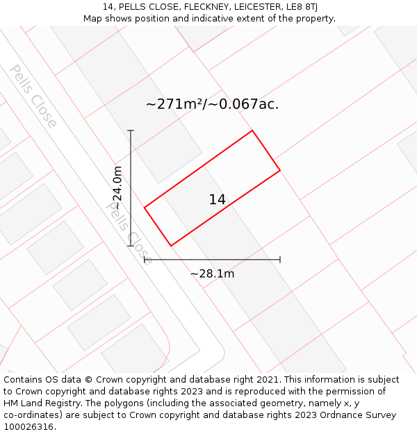 14, PELLS CLOSE, FLECKNEY, LEICESTER, LE8 8TJ: Plot and title map