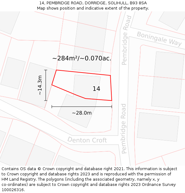 14, PEMBRIDGE ROAD, DORRIDGE, SOLIHULL, B93 8SA: Plot and title map