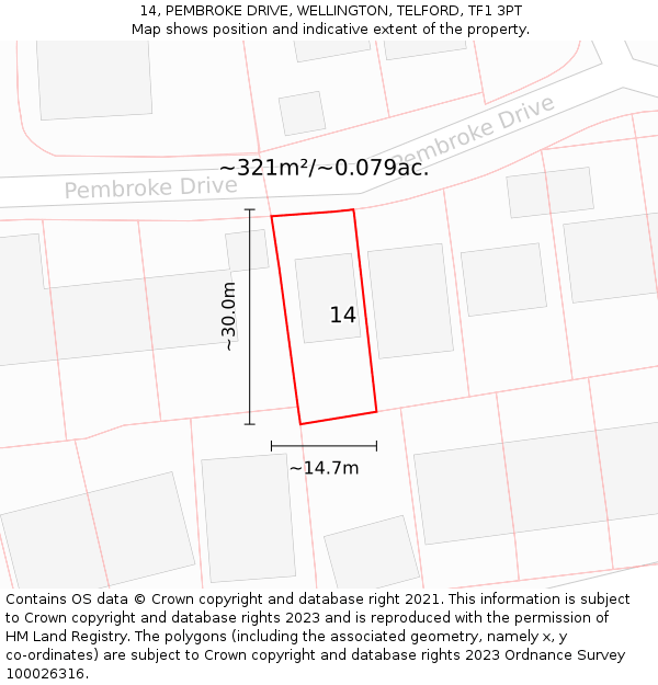 14, PEMBROKE DRIVE, WELLINGTON, TELFORD, TF1 3PT: Plot and title map