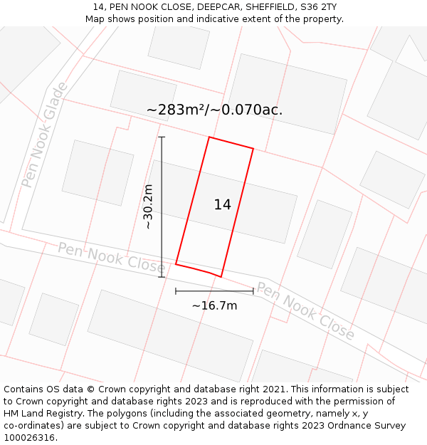 14, PEN NOOK CLOSE, DEEPCAR, SHEFFIELD, S36 2TY: Plot and title map