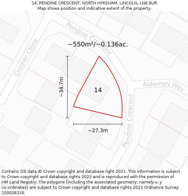 14, PENDINE CRESCENT, NORTH HYKEHAM, LINCOLN, LN6 8UR: Plot and title map
