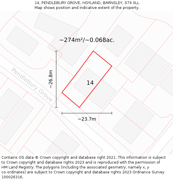 14, PENDLEBURY GROVE, HOYLAND, BARNSLEY, S74 0LL: Plot and title map