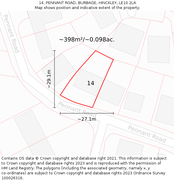 14, PENNANT ROAD, BURBAGE, HINCKLEY, LE10 2LA: Plot and title map