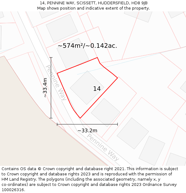 14, PENNINE WAY, SCISSETT, HUDDERSFIELD, HD8 9JB: Plot and title map