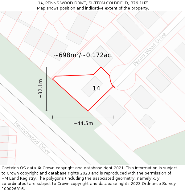 14, PENNS WOOD DRIVE, SUTTON COLDFIELD, B76 1HZ: Plot and title map