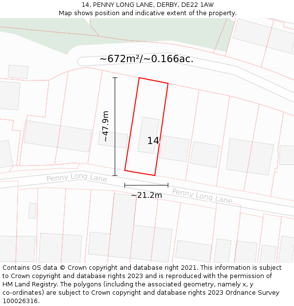 14, PENNY LONG LANE, DERBY, DE22 1AW: Plot and title map