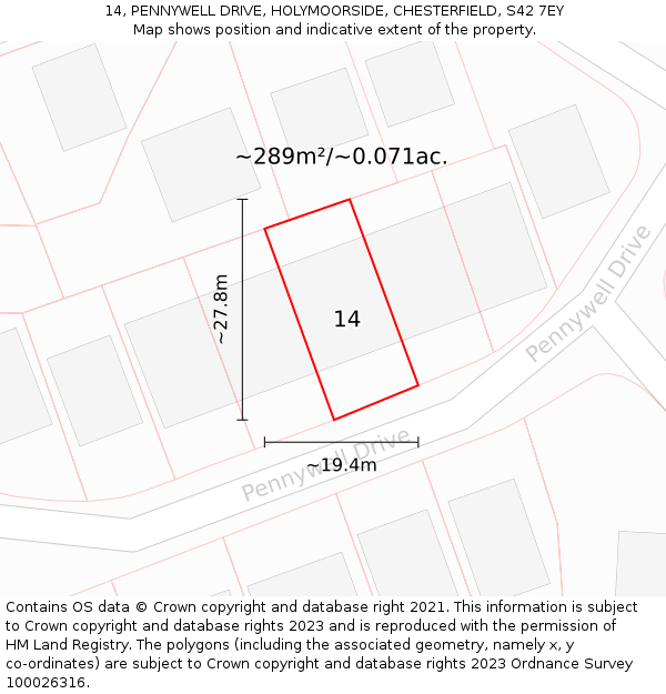 14, PENNYWELL DRIVE, HOLYMOORSIDE, CHESTERFIELD, S42 7EY: Plot and title map