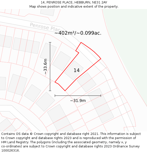 14, PENROSE PLACE, HEBBURN, NE31 2AY: Plot and title map
