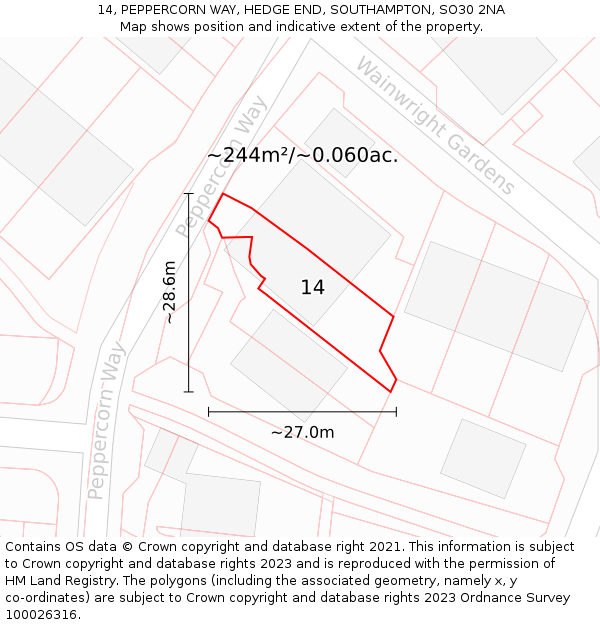 14, PEPPERCORN WAY, HEDGE END, SOUTHAMPTON, SO30 2NA: Plot and title map