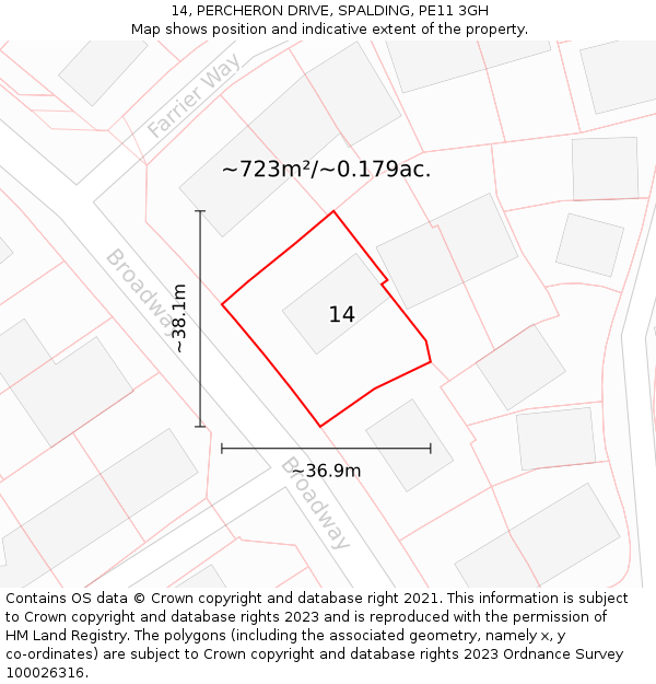 14, PERCHERON DRIVE, SPALDING, PE11 3GH: Plot and title map
