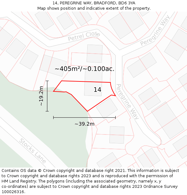 14, PEREGRINE WAY, BRADFORD, BD6 3YA: Plot and title map