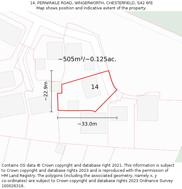 14, PERIWINKLE ROAD, WINGERWORTH, CHESTERFIELD, S42 6FE: Plot and title map
