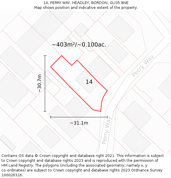14, PERRY WAY, HEADLEY, BORDON, GU35 8NE: Plot and title map