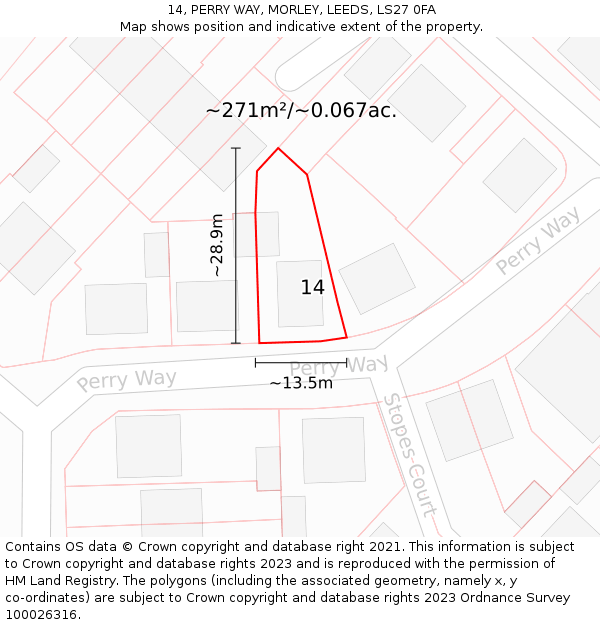 14, PERRY WAY, MORLEY, LEEDS, LS27 0FA: Plot and title map