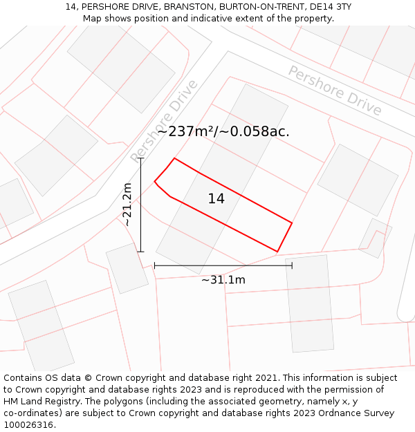 14, PERSHORE DRIVE, BRANSTON, BURTON-ON-TRENT, DE14 3TY: Plot and title map