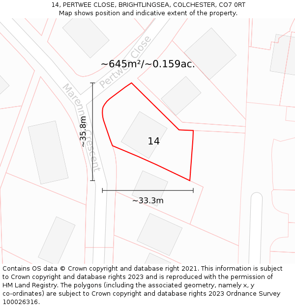 14, PERTWEE CLOSE, BRIGHTLINGSEA, COLCHESTER, CO7 0RT: Plot and title map