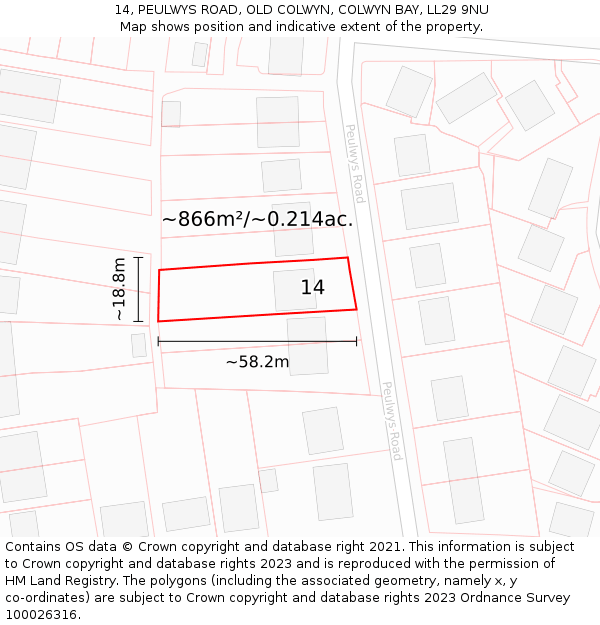 14, PEULWYS ROAD, OLD COLWYN, COLWYN BAY, LL29 9NU: Plot and title map