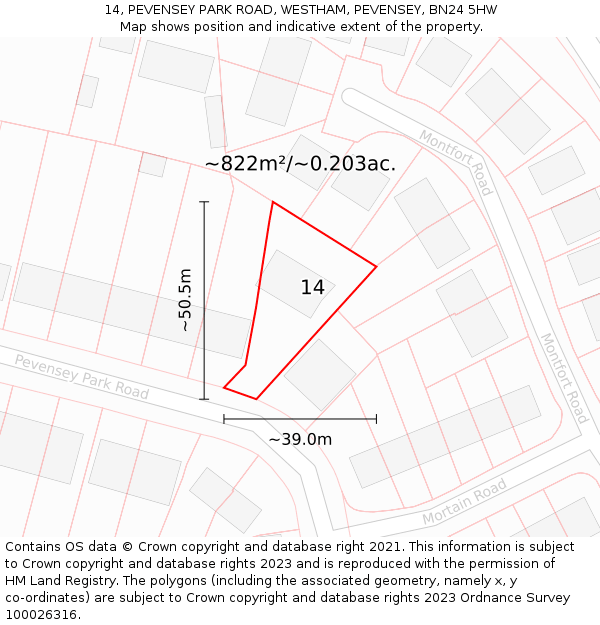 14, PEVENSEY PARK ROAD, WESTHAM, PEVENSEY, BN24 5HW: Plot and title map