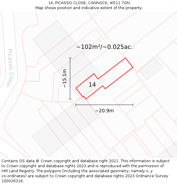 14, PICASSO CLOSE, CANNOCK, WS11 7GN: Plot and title map