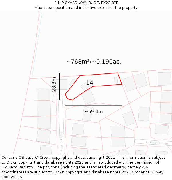 14, PICKARD WAY, BUDE, EX23 8PE: Plot and title map