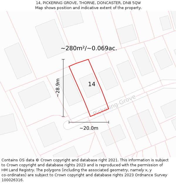 14, PICKERING GROVE, THORNE, DONCASTER, DN8 5QW: Plot and title map