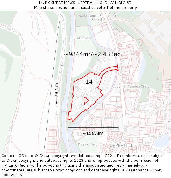 14, PICKMERE MEWS, UPPERMILL, OLDHAM, OL3 6DL: Plot and title map