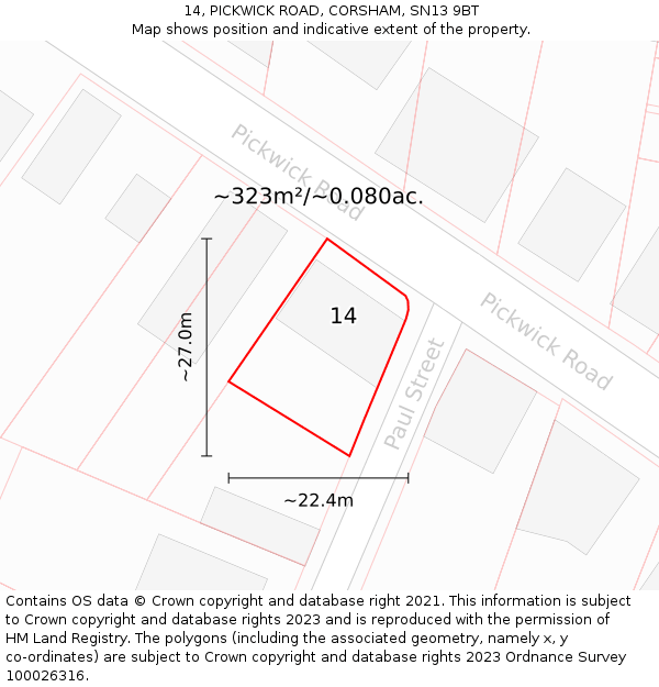 14, PICKWICK ROAD, CORSHAM, SN13 9BT: Plot and title map