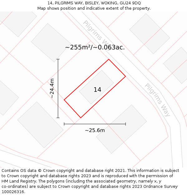 14, PILGRIMS WAY, BISLEY, WOKING, GU24 9DQ: Plot and title map
