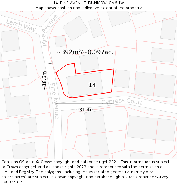 14, PINE AVENUE, DUNMOW, CM6 1WJ: Plot and title map