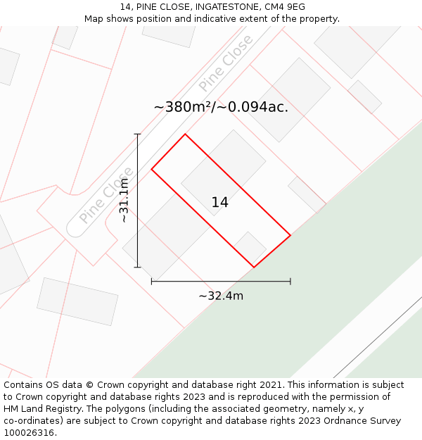 14, PINE CLOSE, INGATESTONE, CM4 9EG: Plot and title map