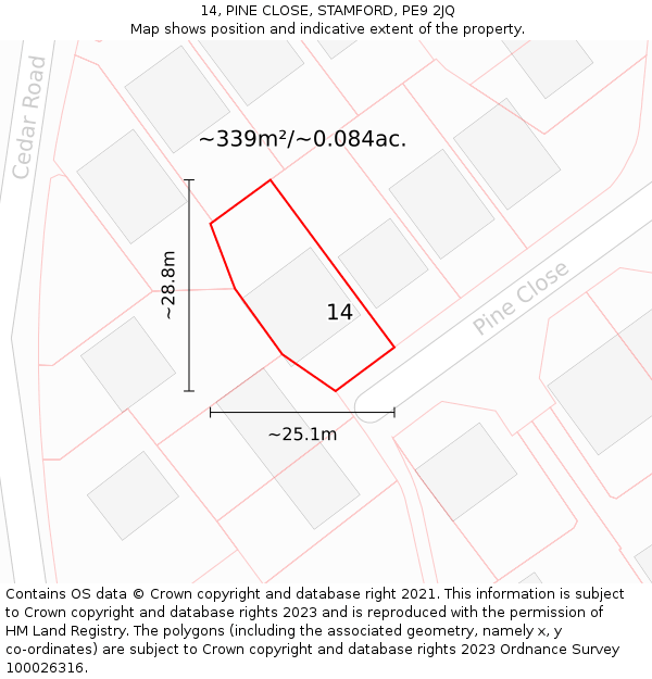 14, PINE CLOSE, STAMFORD, PE9 2JQ: Plot and title map