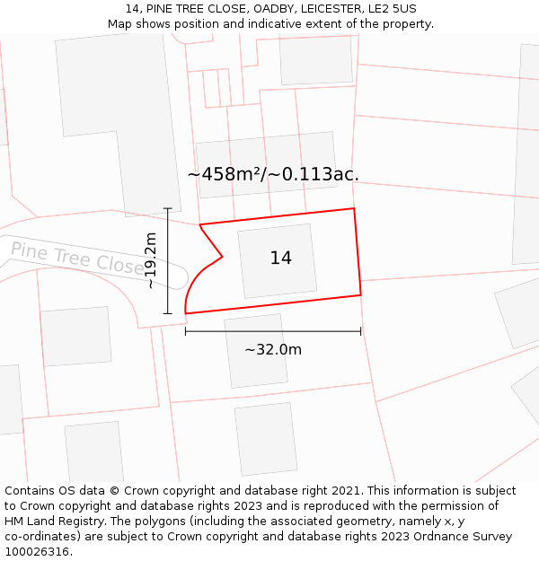 14, PINE TREE CLOSE, OADBY, LEICESTER, LE2 5US: Plot and title map