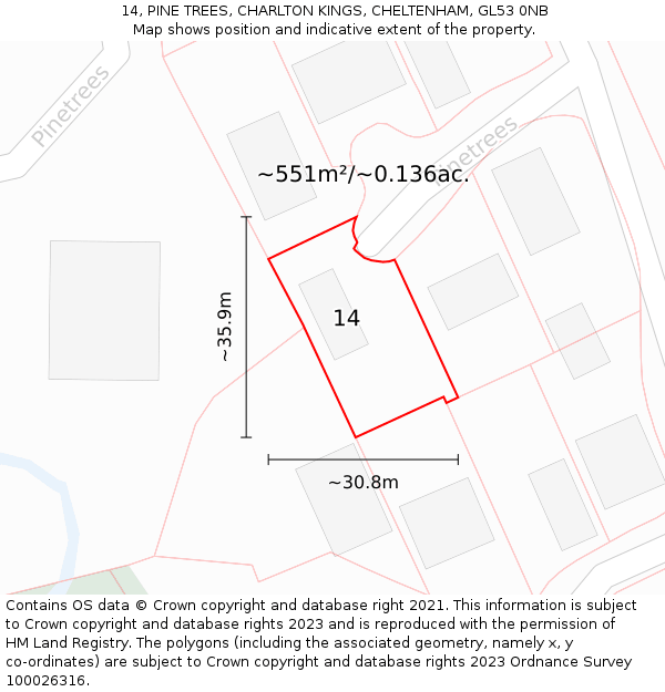 14, PINE TREES, CHARLTON KINGS, CHELTENHAM, GL53 0NB: Plot and title map