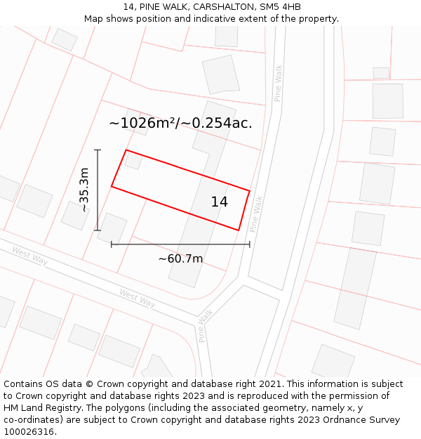 14, PINE WALK, CARSHALTON, SM5 4HB: Plot and title map