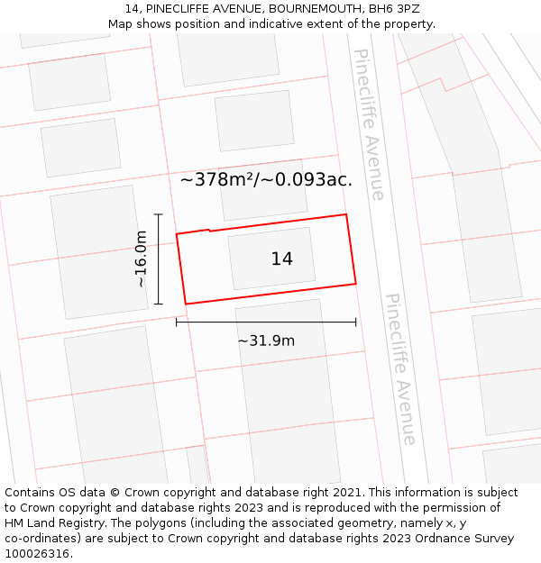 14, PINECLIFFE AVENUE, BOURNEMOUTH, BH6 3PZ: Plot and title map