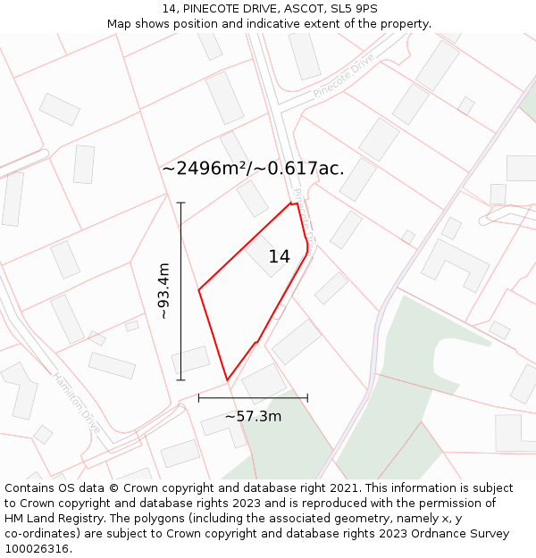 14, PINECOTE DRIVE, ASCOT, SL5 9PS: Plot and title map