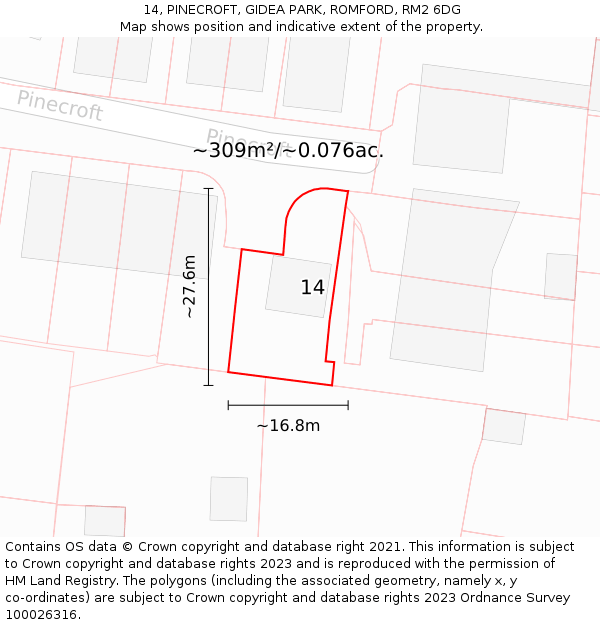 14, PINECROFT, GIDEA PARK, ROMFORD, RM2 6DG: Plot and title map