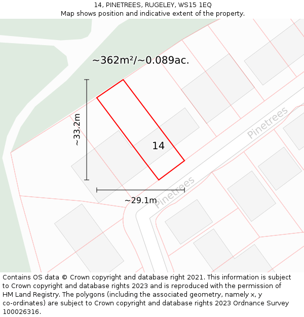 14, PINETREES, RUGELEY, WS15 1EQ: Plot and title map