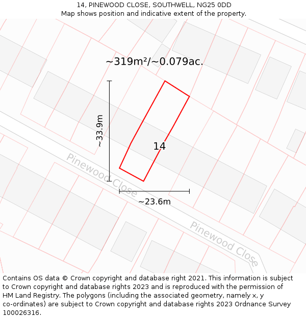 14, PINEWOOD CLOSE, SOUTHWELL, NG25 0DD: Plot and title map